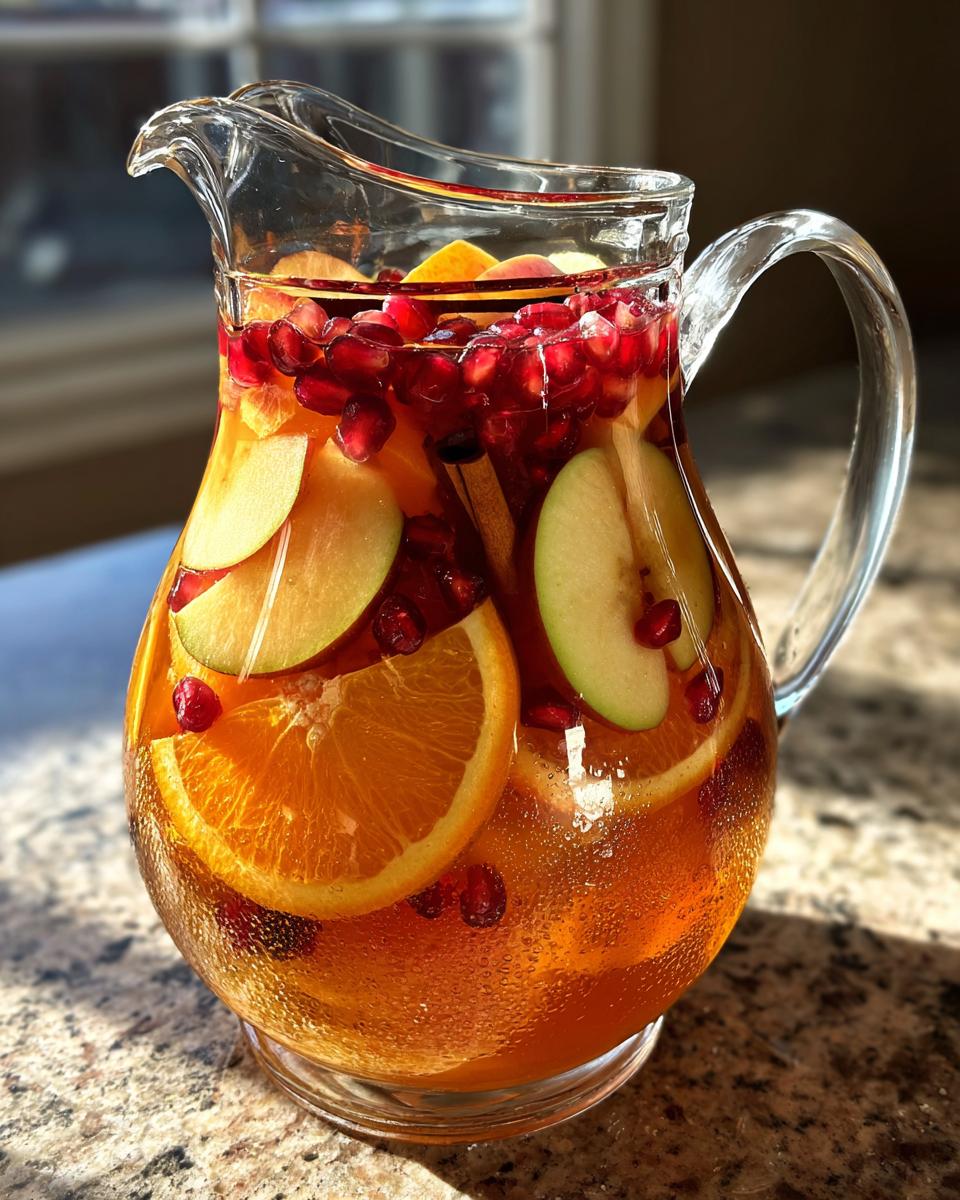 A glass pitcher filled with Apple Cider Sangria, garnished with apple slices, oranges, and pomegranate seeds.