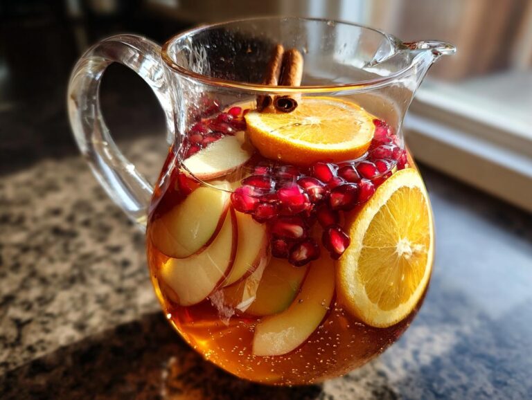 A glass pitcher filled with Apple Cider Sangria, featuring apple slices, oranges, pomegranate seeds, and cinnamon sticks.