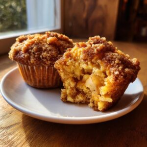 Two Apple Cinnamon Muffins on a white plate, one muffin broken open to show the apple pieces inside.