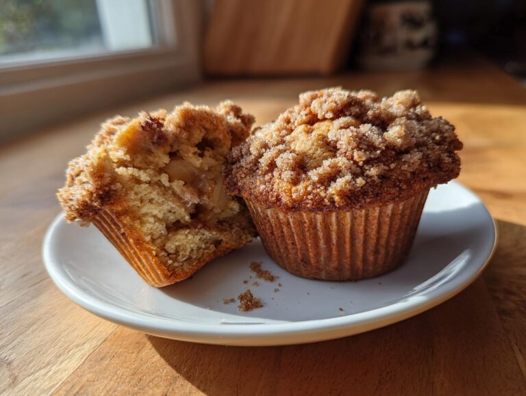 Two apple cinnamon muffins, one cut in half, displayed on a white plate. The muffins have a streusel topping.