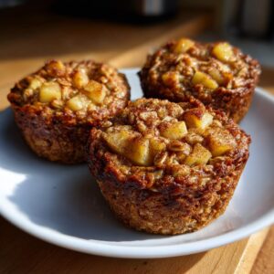 Three apple cinnamon oatmeal cups on a white plate, topped with diced apples and cinnamon.