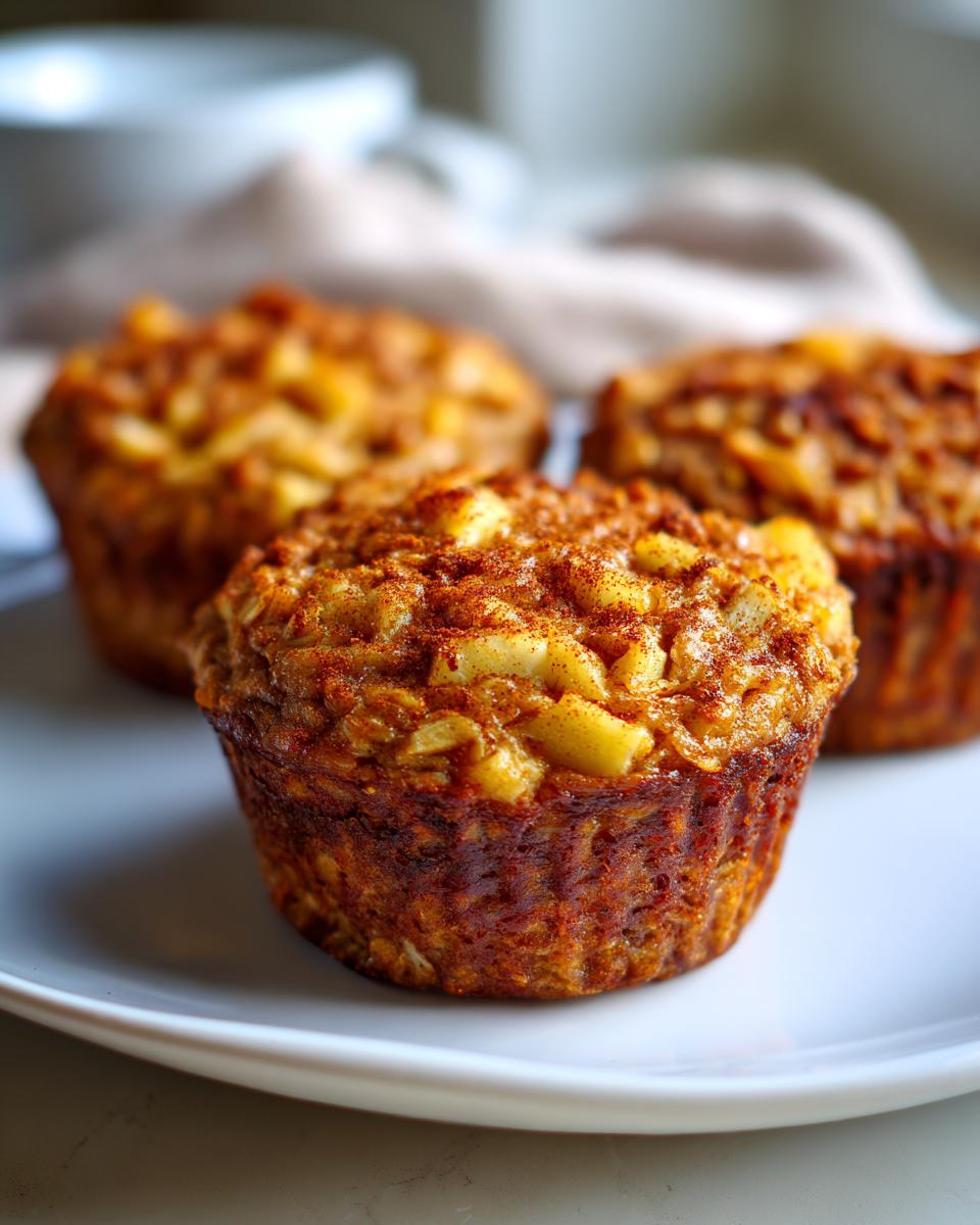 Three apple cinnamon oatmeal cups on a white plate, showcasing the apple and cinnamon topping.