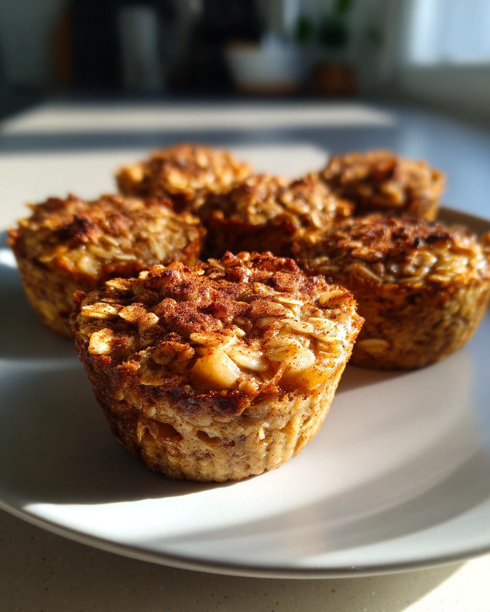 A plate of freshly baked apple cinnamon oatmeal cups, golden brown and sprinkled with cinnamon.
