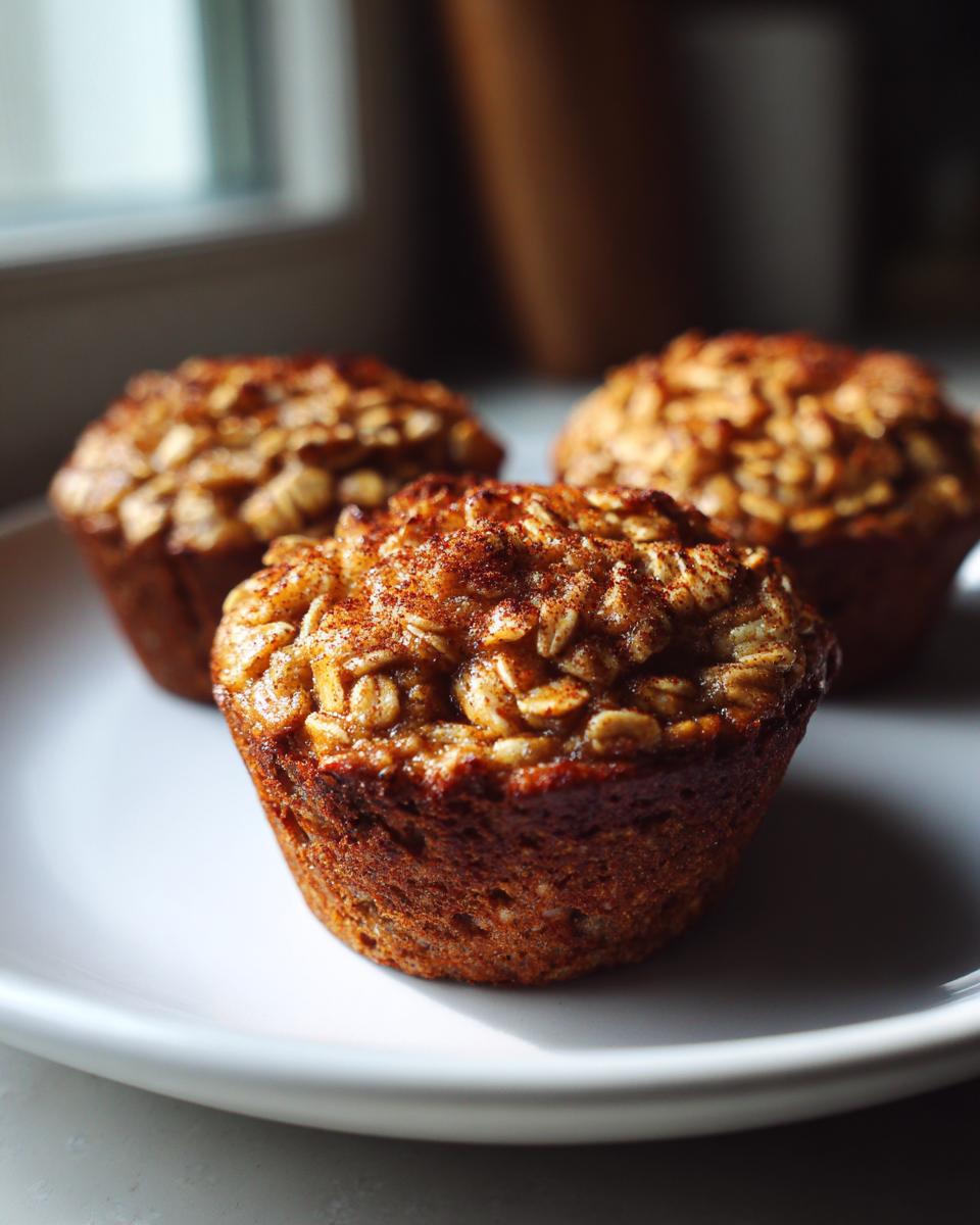 Three apple cinnamon oatmeal cups on a white plate, sprinkled with cinnamon.