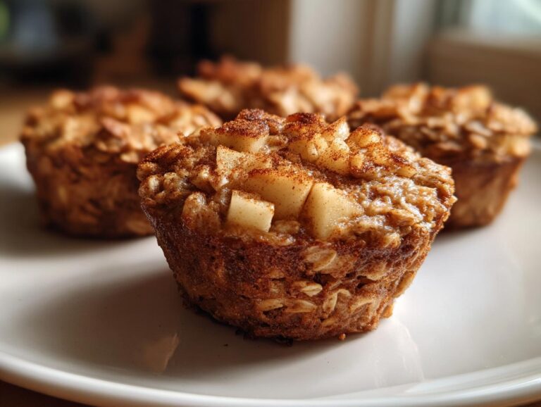 Close-up of apple cinnamon oatmeal cups on a white plate, showcasing the apple topping and cinnamon spice.