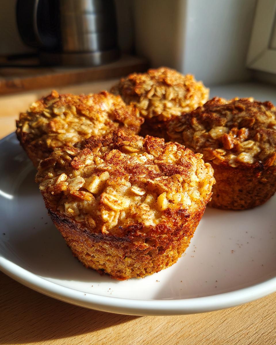 Four apple cinnamon oatmeal cups on a white plate, sprinkled with cinnamon. Delicious breakfast treat.