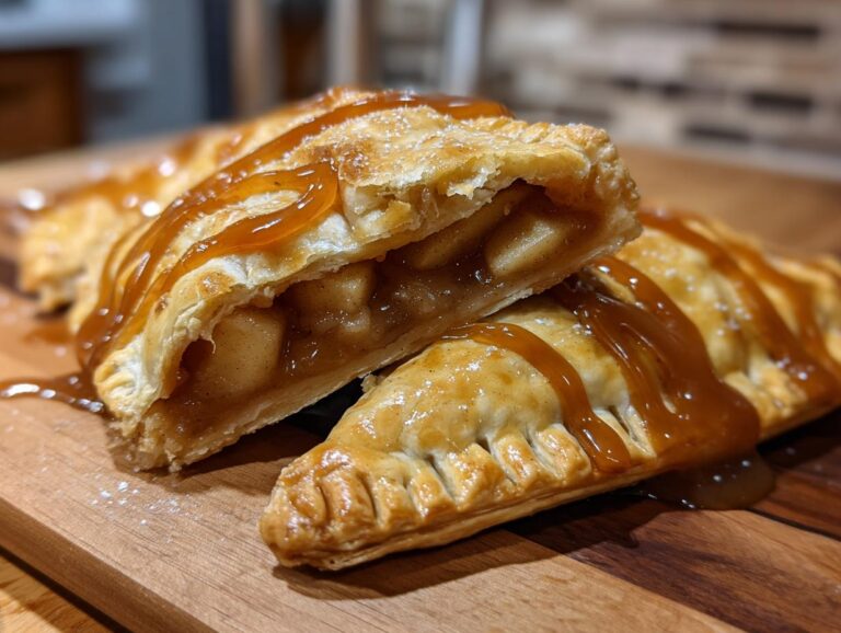 Two apple pie cookies, one cut open to show the filling, drizzled with caramel on a wooden board.