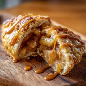 Close-up of a sliced apple pie cookie with caramel drizzle, revealing the apple filling.