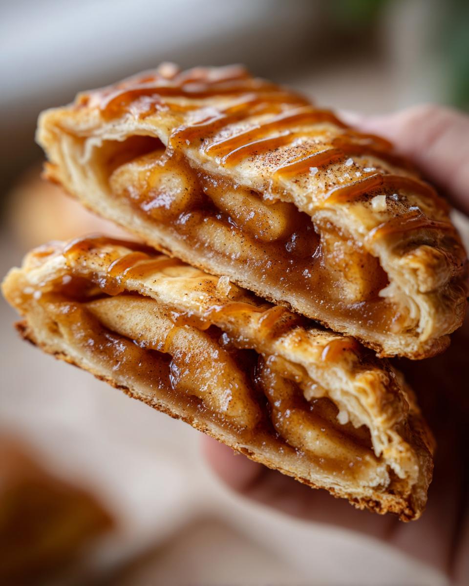 Two halves of an apple pie cookie, filled with spiced apples and drizzled with caramel, showcasing the flaky crust.