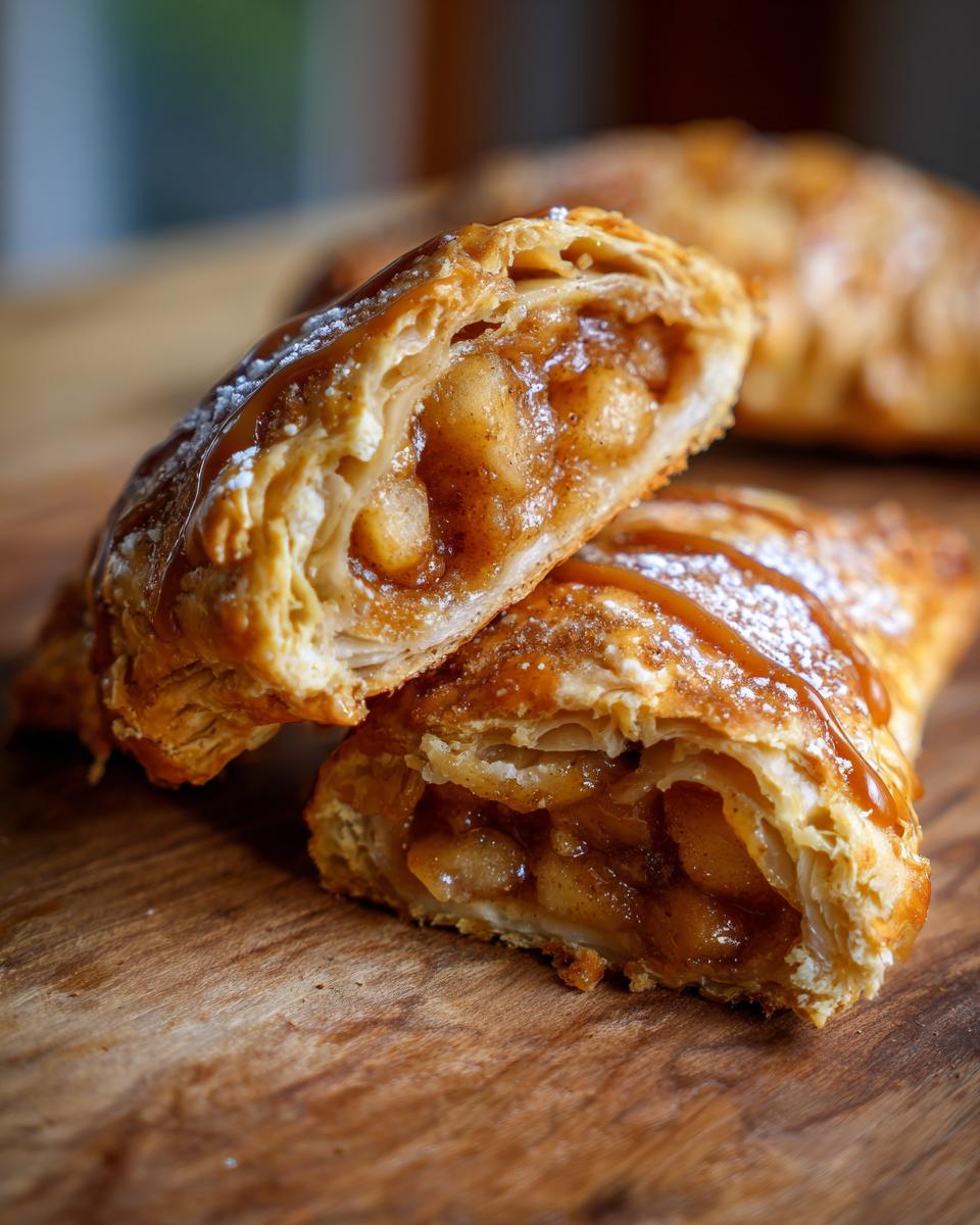 Close-up of apple pie cookies cut in half, revealing the apple filling, dusted with powdered sugar and drizzled with caramel.