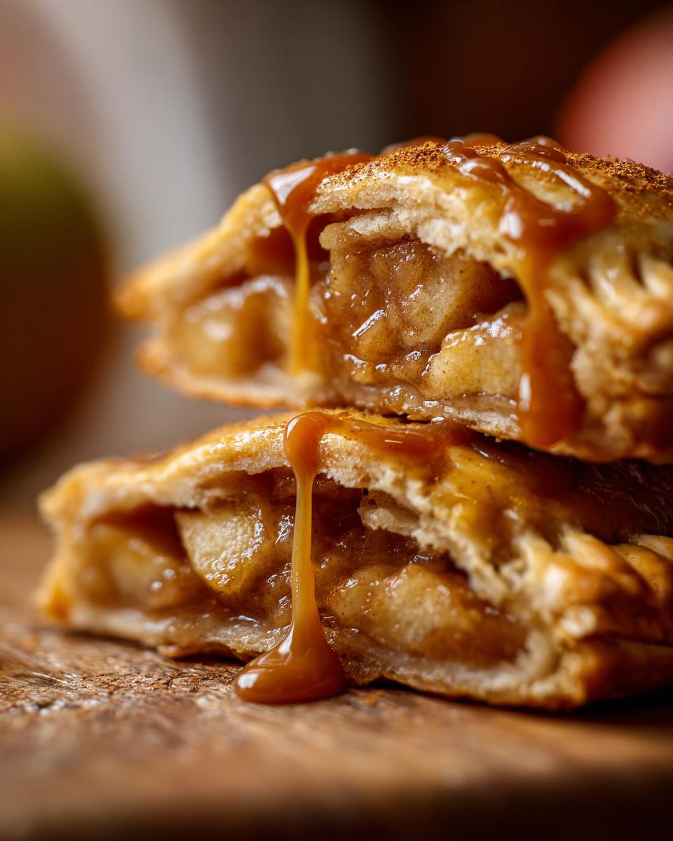 Close-up of stacked apple pie cookies, cut in half, with a caramel drizzle. Perfect fall dessert.