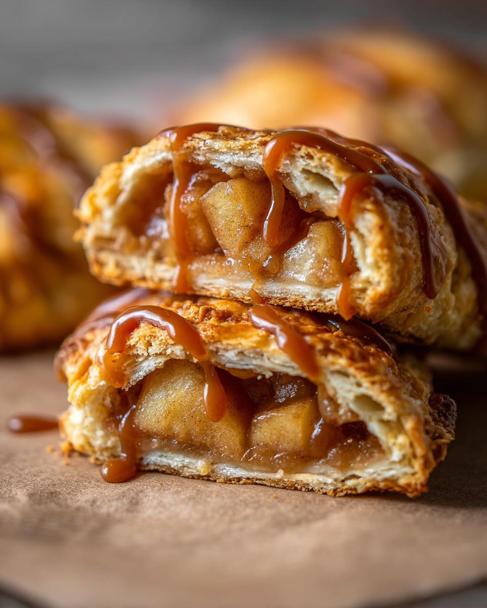 Two stacked apple pie cookies, cut in half to show the apple filling, drizzled with caramel sauce.