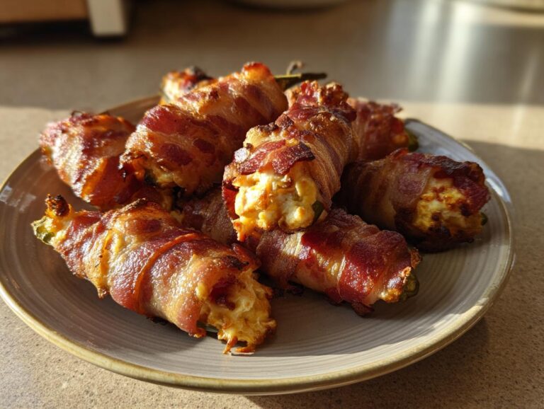 A plate of delicious bacon wrapped jalapeño poppers, ready to be served.