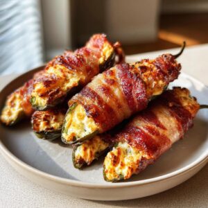 A plate of crispy bacon wrapped jalapeño poppers stuffed with creamy cheese.