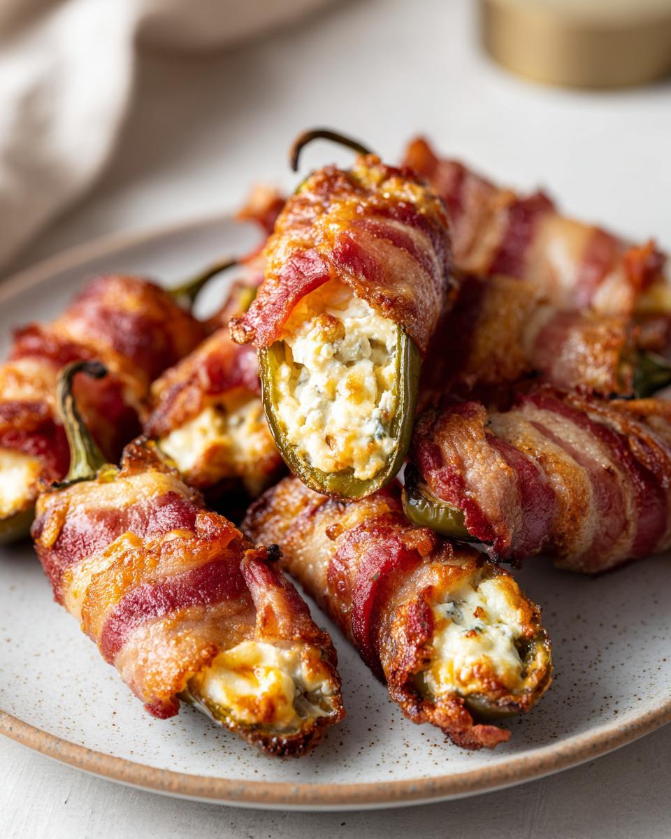 A plate of delicious bacon wrapped jalapeño poppers, stuffed with creamy filling and cooked to perfection.