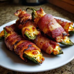 A plate of freshly cooked Bacon-Wrapped Jalapeño Poppers with melted cheese and crispy bacon.