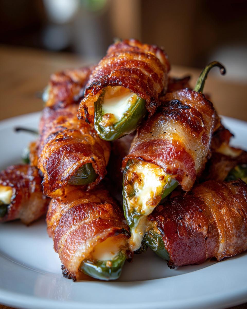 A stack of crispy Bacon-Wrapped Jalapeño Poppers filled with cheese on a white plate.