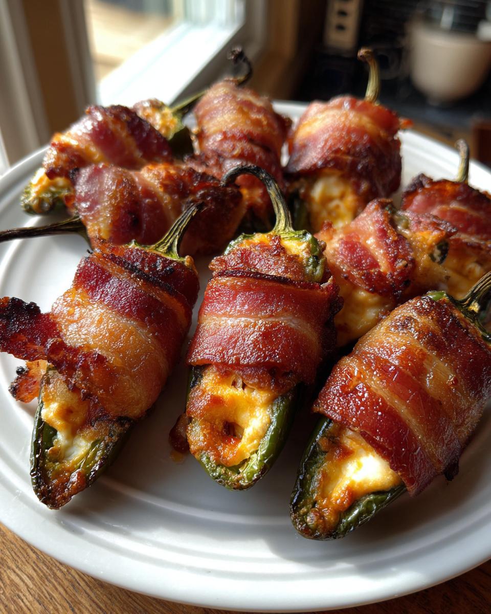 A plate of delicious Bacon-Wrapped Jalapeño Poppers, ready to be served.