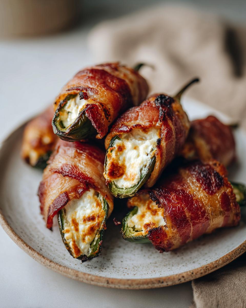 A plate of delicious Bacon wrapped jalapeño poppers, stuffed with cream cheese and cooked to perfection.