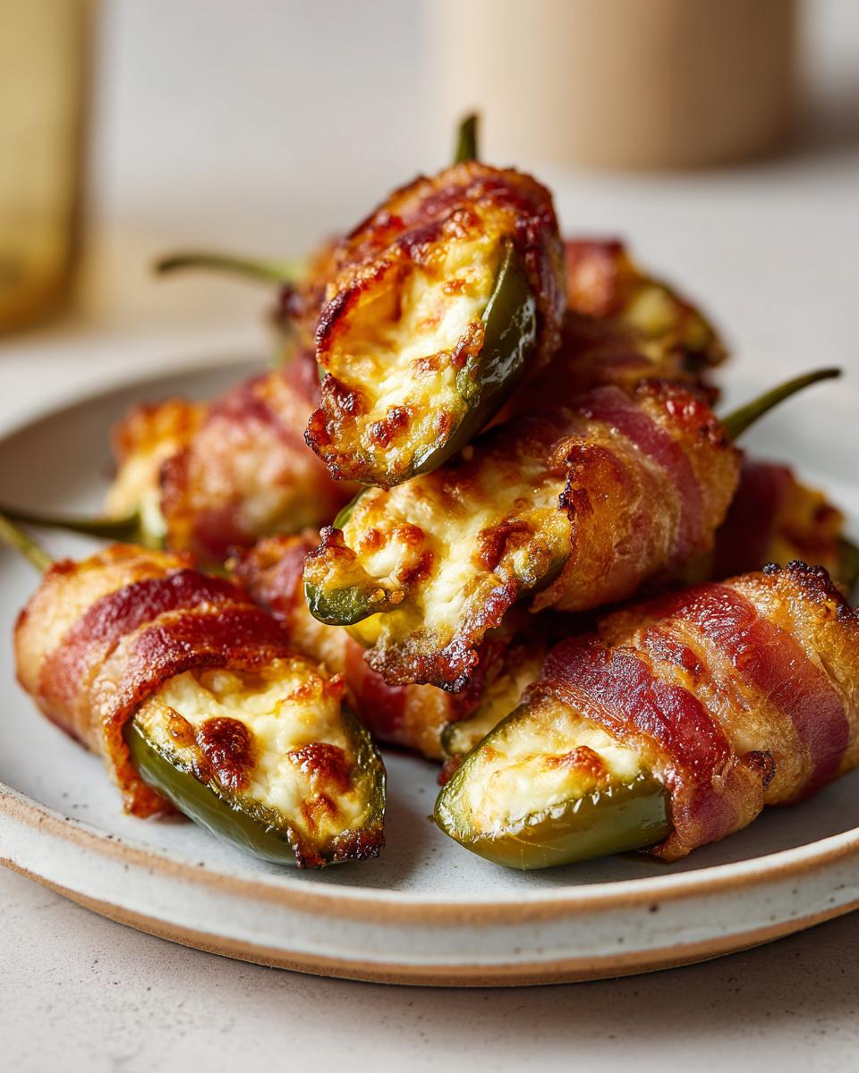 A plate of delicious bacon wrapped jalapeño poppers, stuffed with cheese and baked until golden brown.