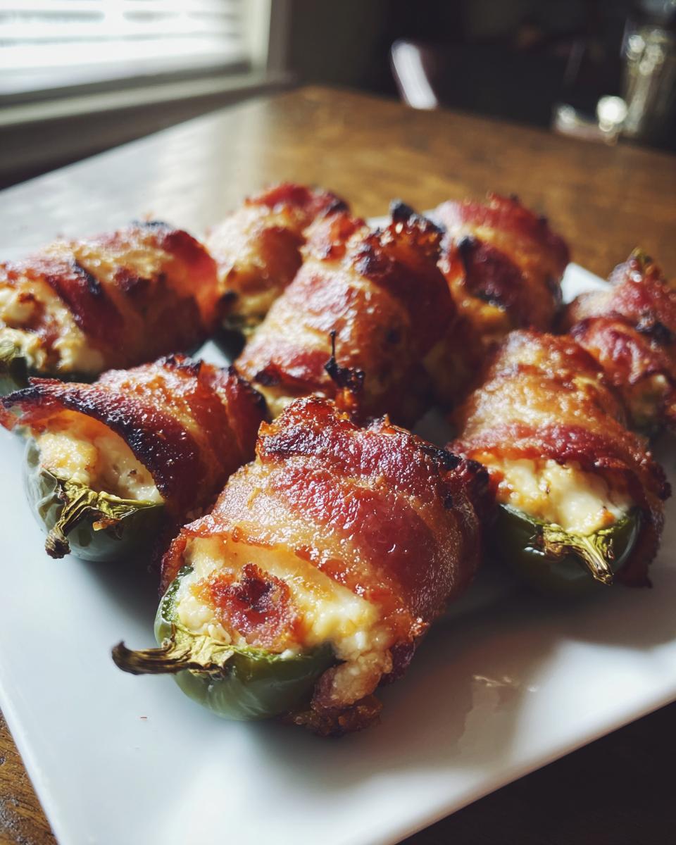 A plate of delicious Bacon-Wrapped Jalapeño Poppers, featuring crispy bacon and a creamy filling.