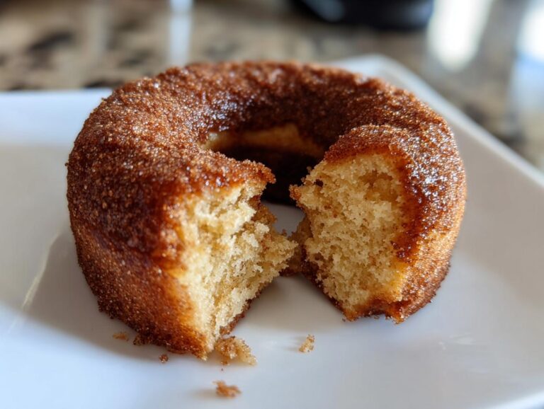 A halved baked apple cider donut with a cinnamon sugar coating on a white plate.
