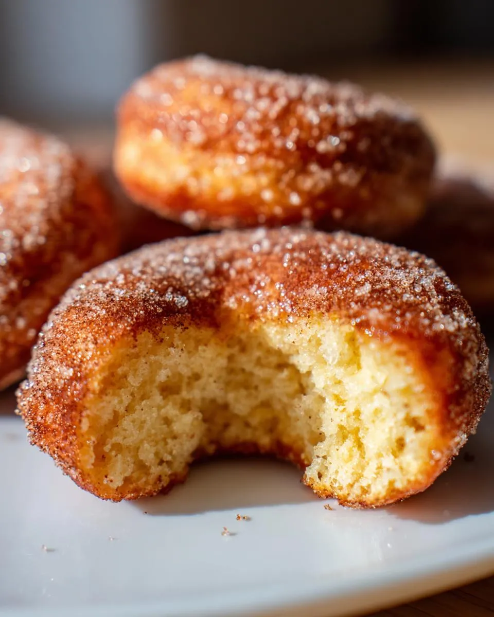 Close-up of a baked apple cider donut with a bite taken out, showing the texture and sugar coating.