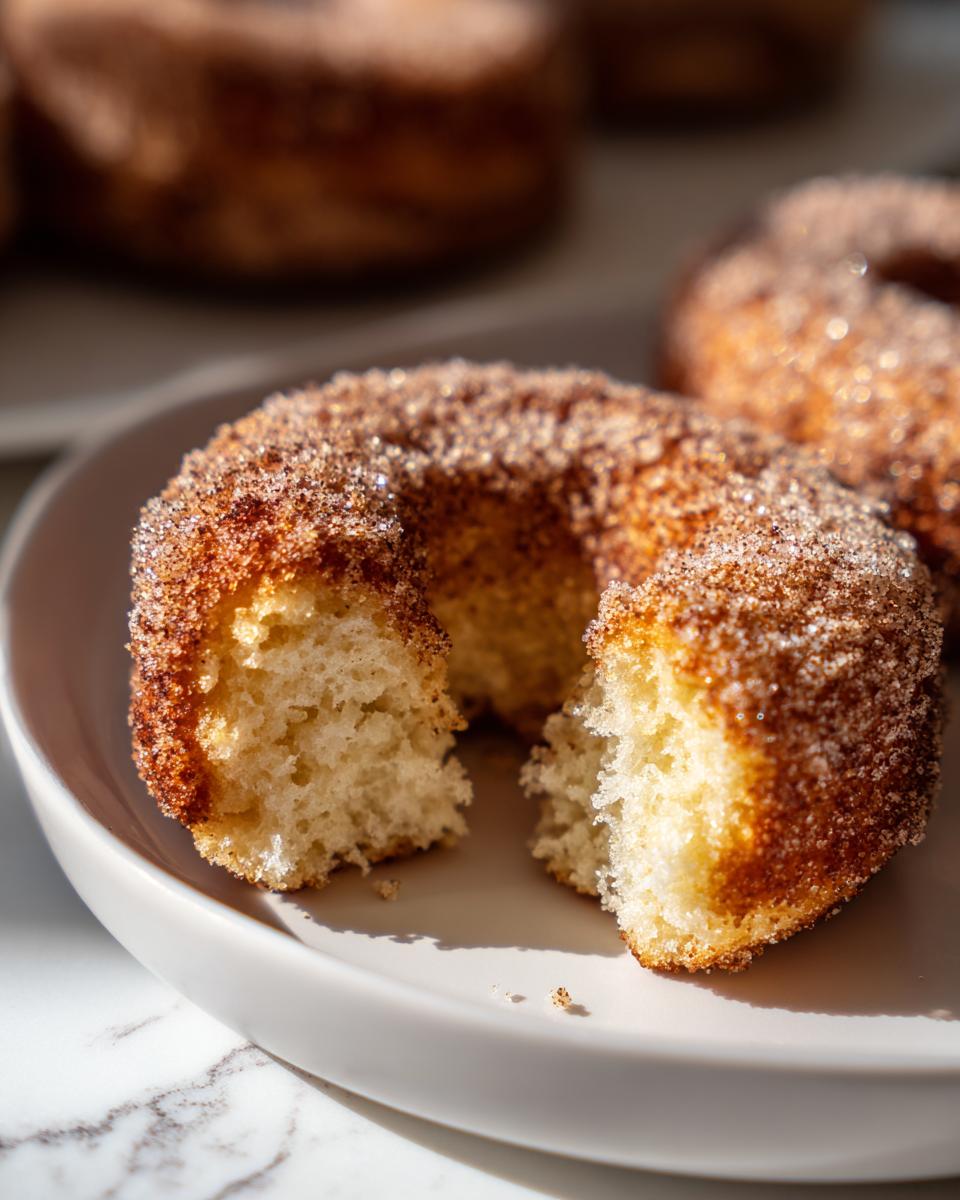 Close-up of a baked apple cider donut with a bite taken out, showing the soft interior and cinnamon sugar coating.