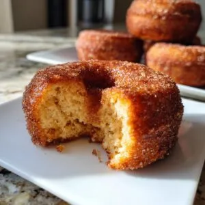 A close-up of a baked apple cider donut with a bite taken out, coated in cinnamon sugar.