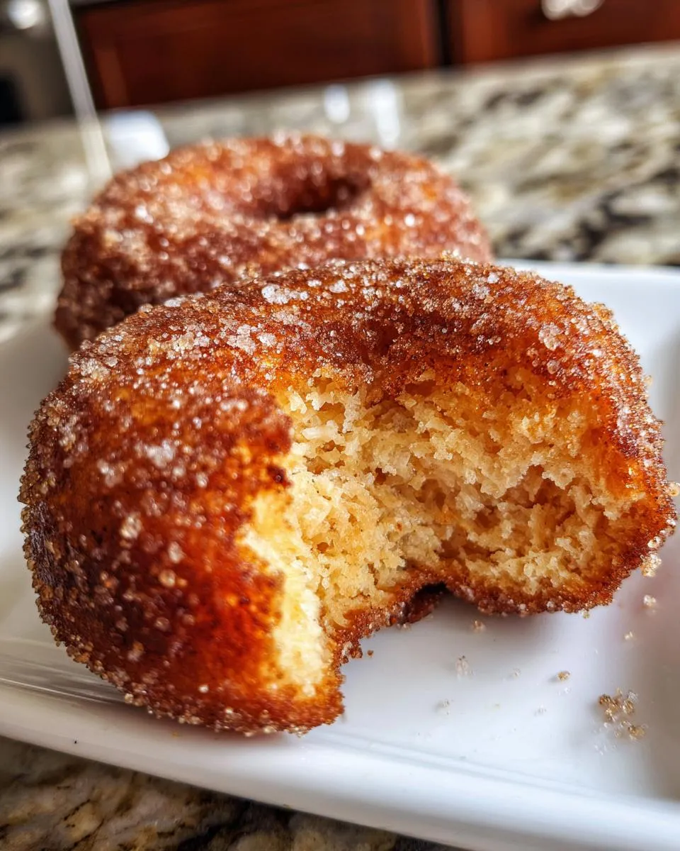 Close-up of a baked apple cider donut with a bite taken out, revealing its texture and sugar coating.