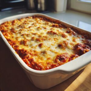 A delicious baked spaghetti casserole with a bubbly cheese topping in a white baking dish.