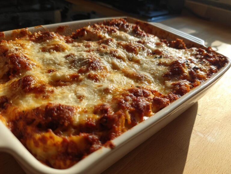 A freshly baked spaghetti casserole with a bubbly cheese topping in a white baking dish.