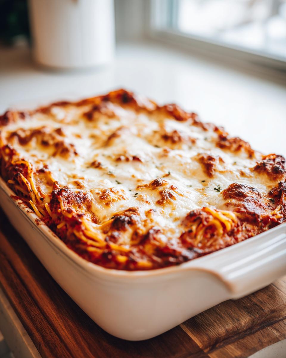 A delicious baked spaghetti casserole with melted cheese in a white baking dish on a wooden board.