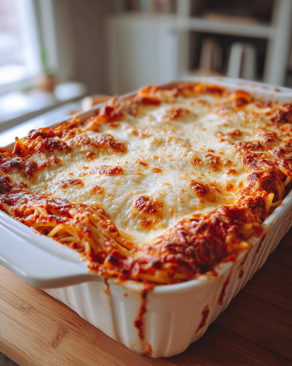 A freshly baked spaghetti casserole in a white dish, topped with melted cheese and tomato sauce.