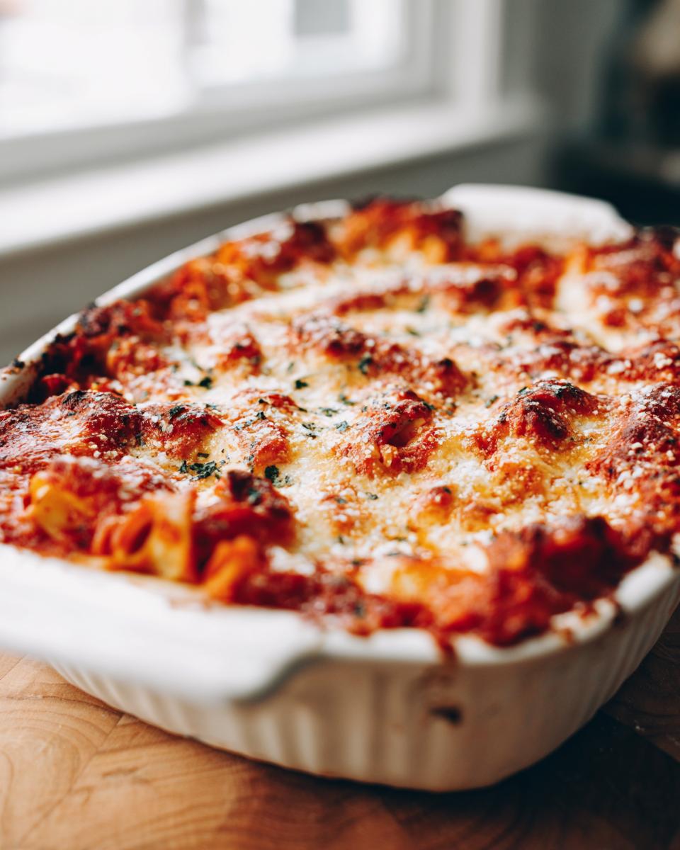 Overhead view of a freshly baked spaghetti casserole with melted cheese and tomato sauce in a white baking dish.