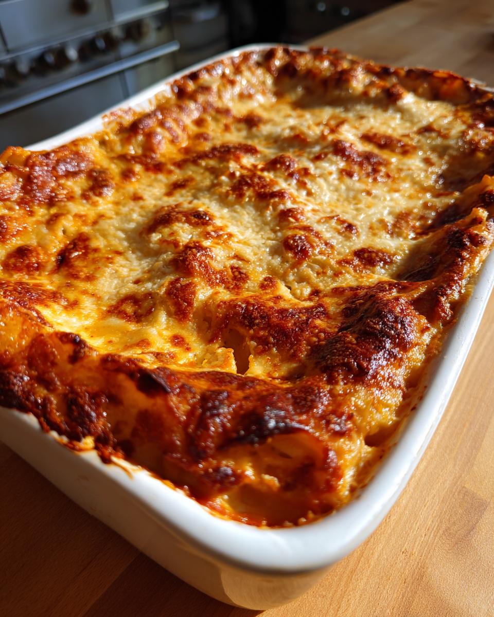 A freshly baked spaghetti casserole with a golden, bubbly cheese topping in a white baking dish.