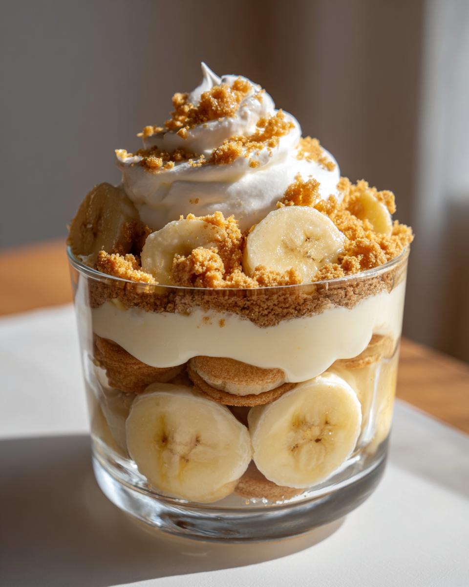Close-up of layered banana pudding cups with bananas, vanilla wafers, pudding, whipped cream and cookie crumble topping.