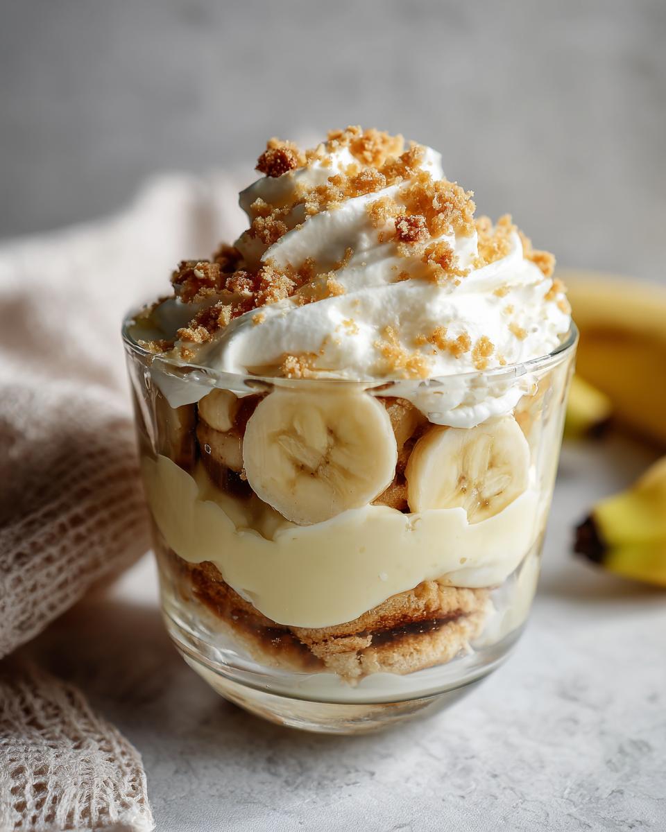 Close-up of layered banana pudding cups with vanilla wafers, fresh bananas, pudding, whipped cream, and cookie crumble topping.