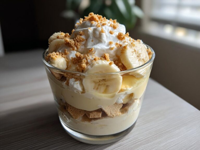 Delicious layered banana pudding cups with vanilla wafers, fresh bananas, whipped cream, and crumbled cookies.