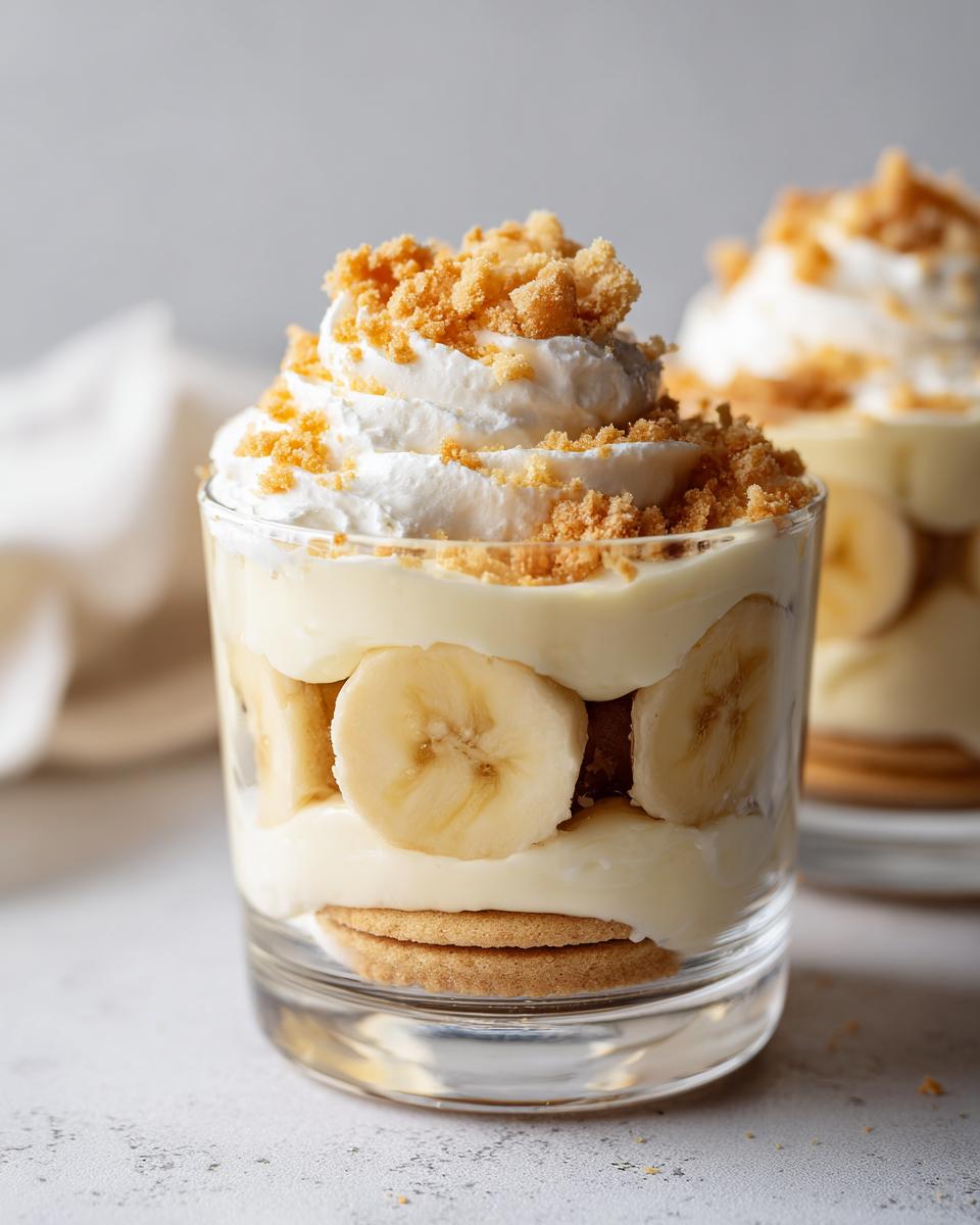 Delicious layered banana pudding cups with vanilla wafers, fresh bananas, pudding, whipped cream, and cookie crumble topping.