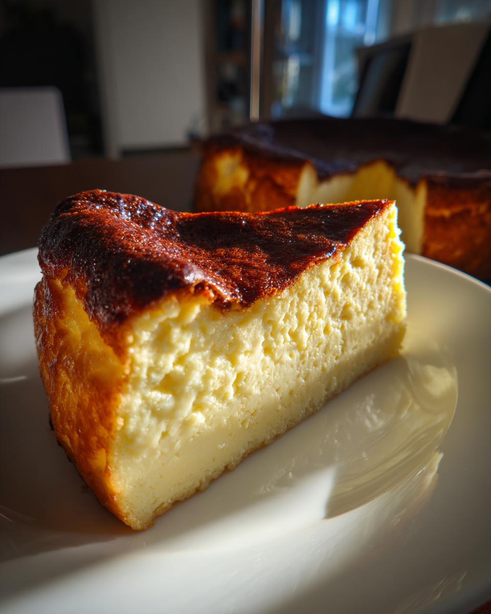 A slice of Basque burnt cheesecake on a white plate, showcasing its caramelized top and creamy interior.
