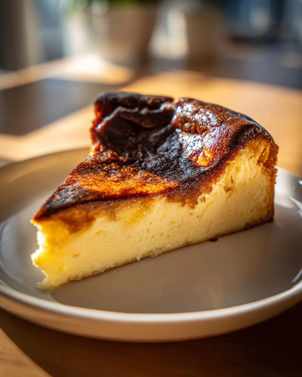 A slice of Basque burnt cheesecake on a white plate, showing the dark, caramelized top and creamy interior.