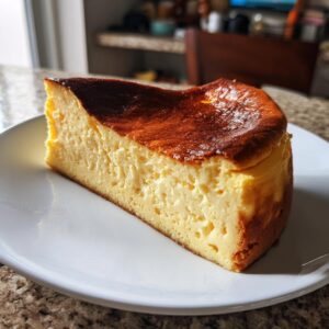 A slice of Basque burnt cheesecake on a white plate, showcasing its caramelized top and creamy interior.