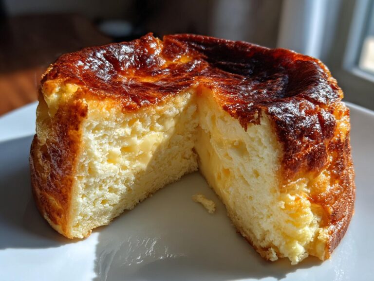 Close-up of a Basque burnt cheesecake with a slice cut out, showing its creamy interior and caramelized top.