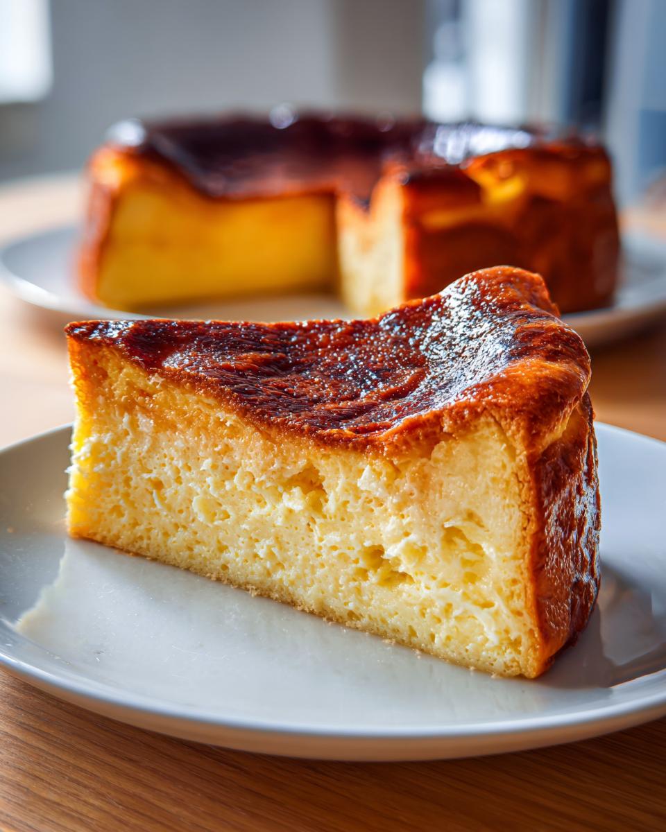 A slice of Basque burnt cheesecake on a plate, with the rest of the cheesecake in the background.