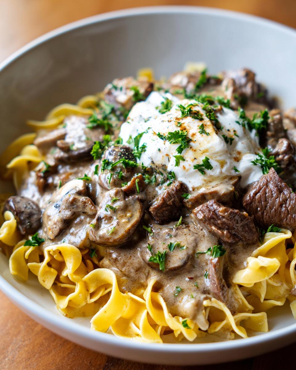 A bowl of Beef Stroganoff with egg noodles, topped with sour cream and fresh parsley.