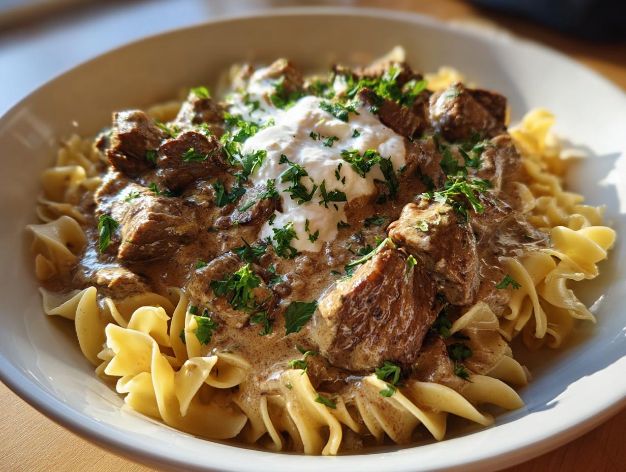 A delicious bowl of Beef Stroganoff, featuring tender beef, creamy sauce, egg noodles, and a dollop of sour cream.