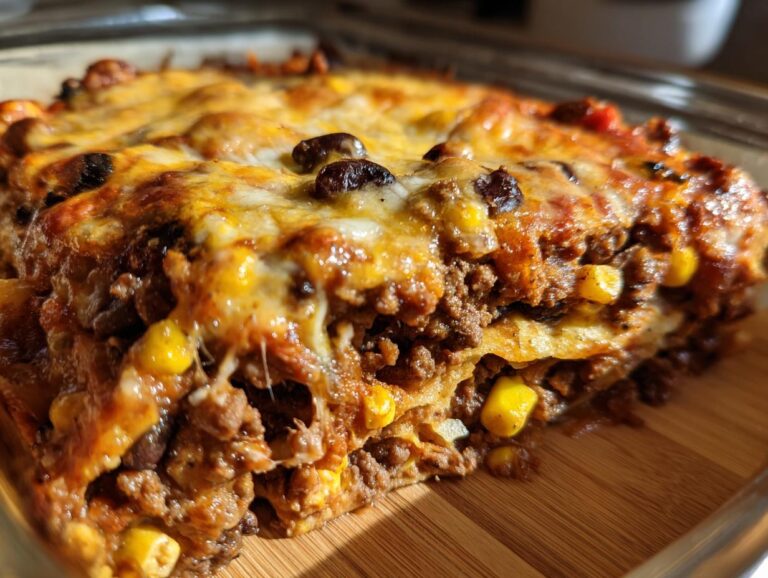 A close-up of a layered beef taco casserole with melted cheese, corn, and black beans.