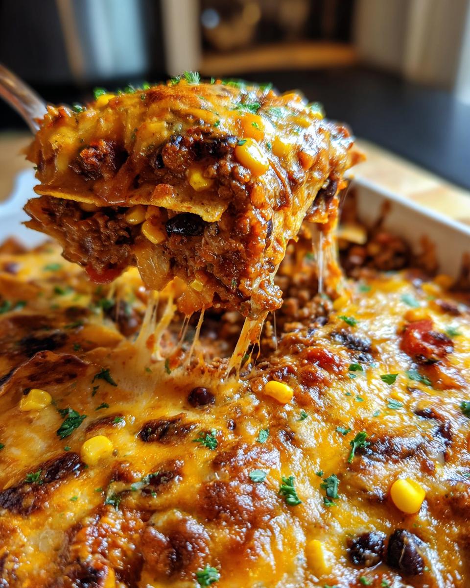 A spoonful of cheesy beef taco casserole being lifted from a baking dish, showcasing the layers and melted cheese.