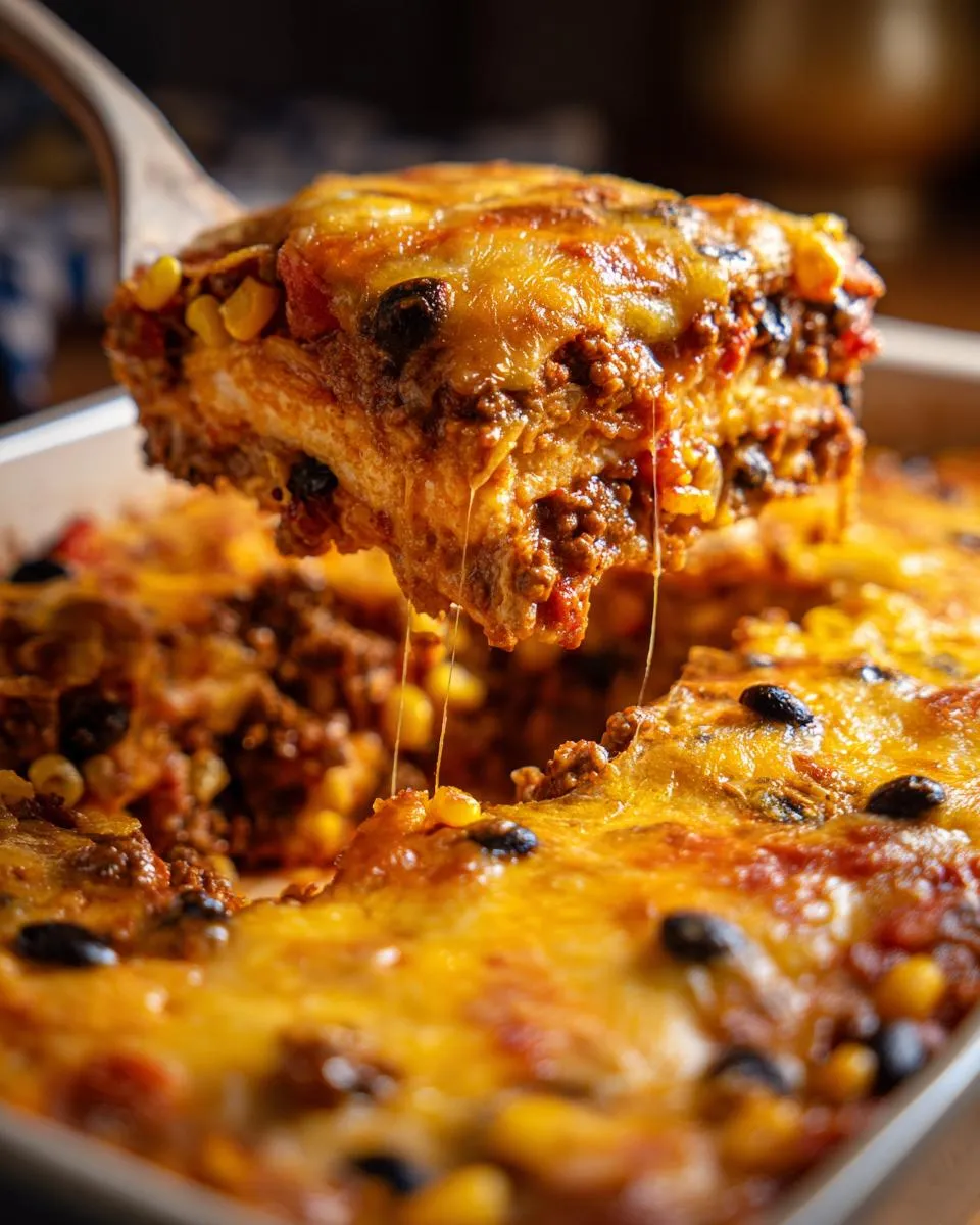 A slice of beef taco casserole being lifted, showing layers of beef, cheese, corn, and black beans.